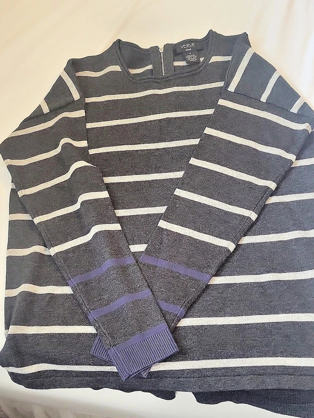Mens Light Weight Sweater. VERVE ami Striped Zip Neck Sweater in Gray & White